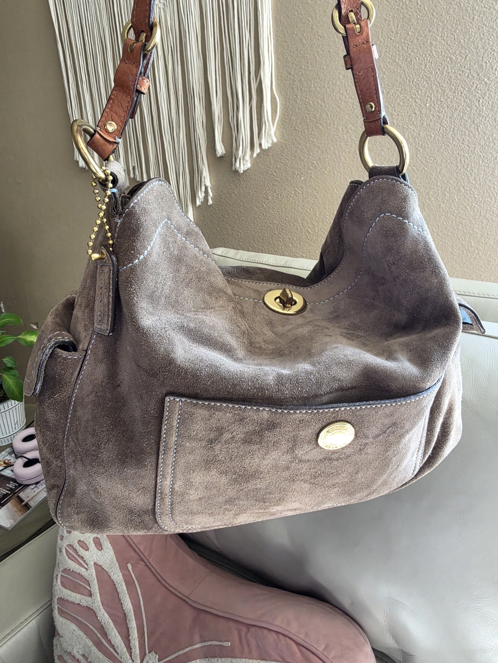 Coach Taupe Suede Shoulder Hobo with Brass Accents